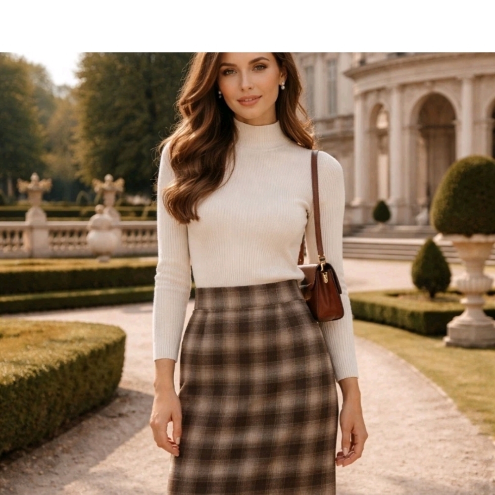 Vtg Plaid Midi Brown Skirt Wool Blend Preppy Classic Minimalist Office Chic Sz 2